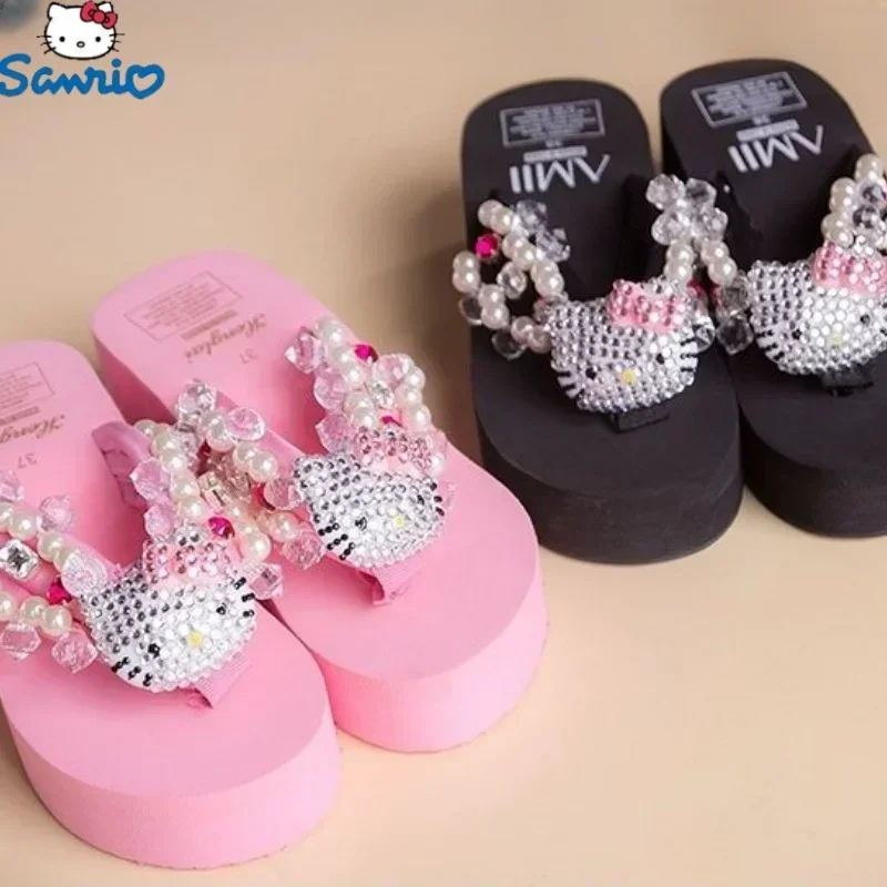 New Hello Kitty Sanrio Soft Flip Flop Sandals Y2k Beach Slides Shoes Women Casual Wedge High Heels Platform For Slippers