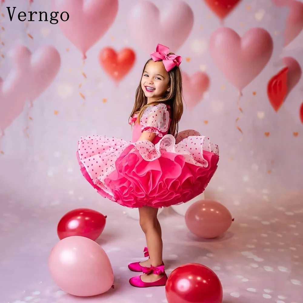 

Verngo Pink Sweet Tulle Kid Birthday Party Dress A Line Short Sleeves Tiered Princess Girl Flowers Dress Celebrity Customized