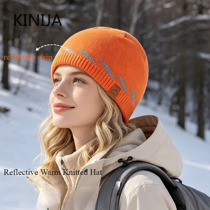 Polyester Reflective Knitted Hat Ribbed Knit Visibility Hat Reflective Stripe Beanie Winter Knit Hat Outdoor Workwear Cycling