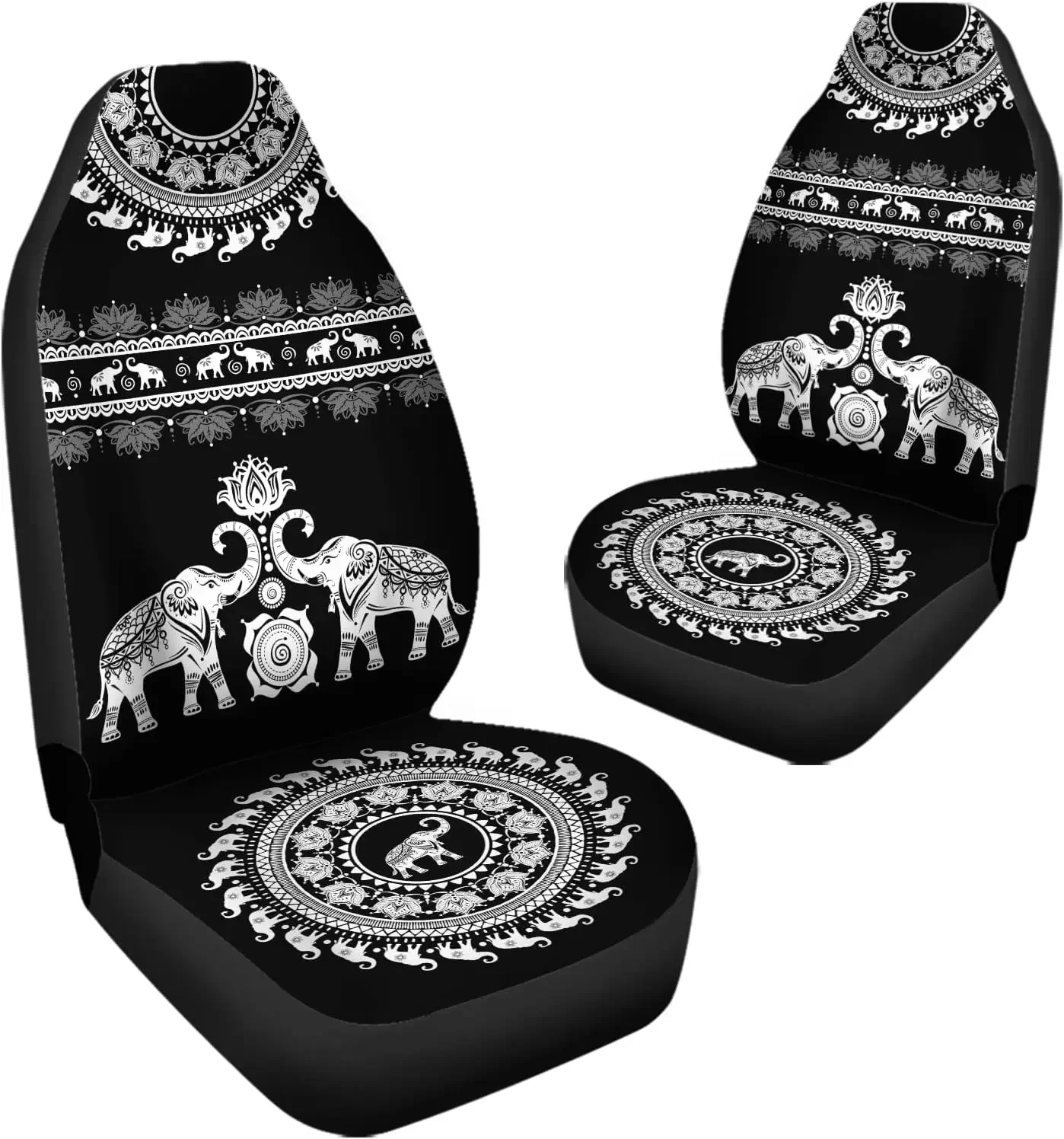 Mandala Flowers Elephant Pattern Auto Seat Cover Full Set 2 Pack Bucket Seat Covers Car Protection Accessories for Men Women