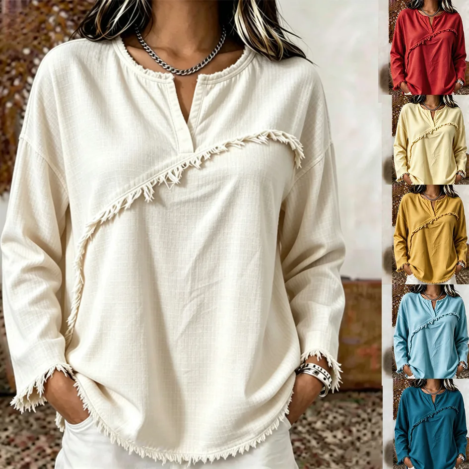 2026 Autumn Blouses New Women's V-Neck Spliced Tassel Long-Sleeved Shirts Casual Solid Colors Loose Blouse Women Pullover Tops