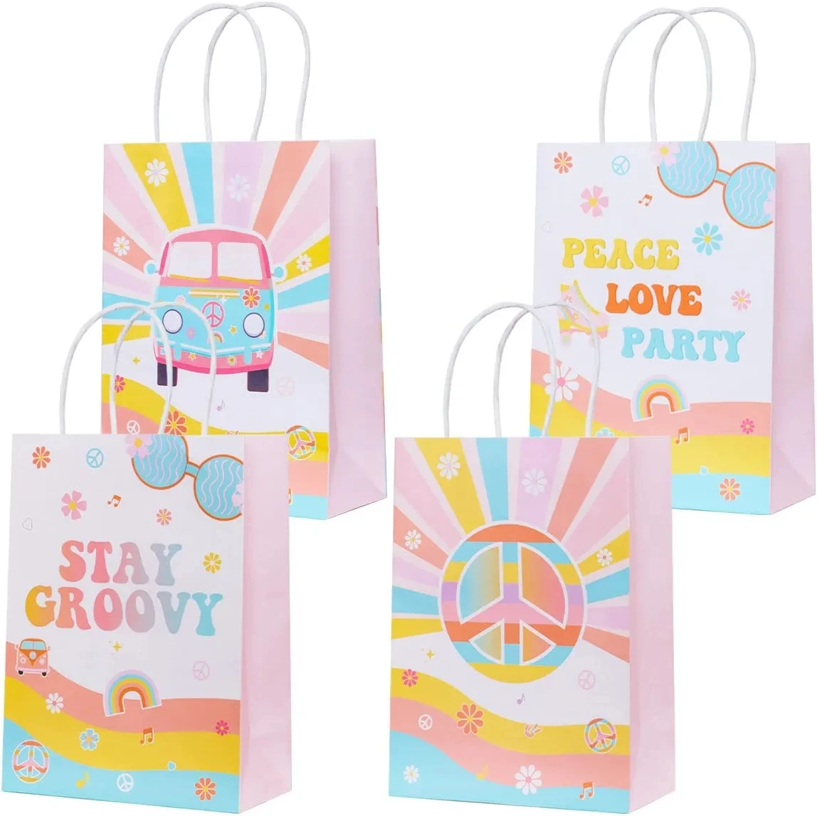 JOYMEMO 16 Pcs Groovy Party Paper Bags Retro Hippie Themed Candy Goodie Gift Paper Bags for Girls Groovy Birthday Party Supplies