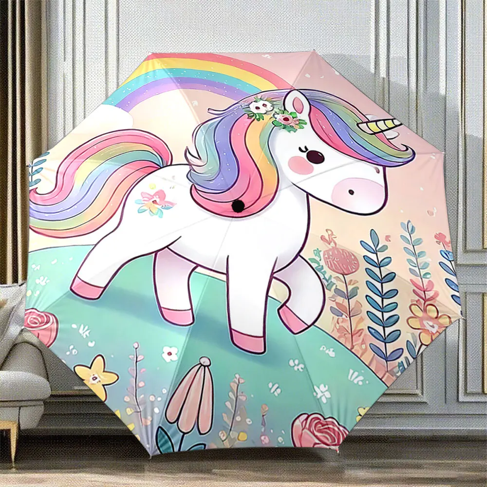 Cute Unicorn with Rainbow and Floral Design Stylish Umbrella ,Portable Folding Umbrella, Gift for Family Friends