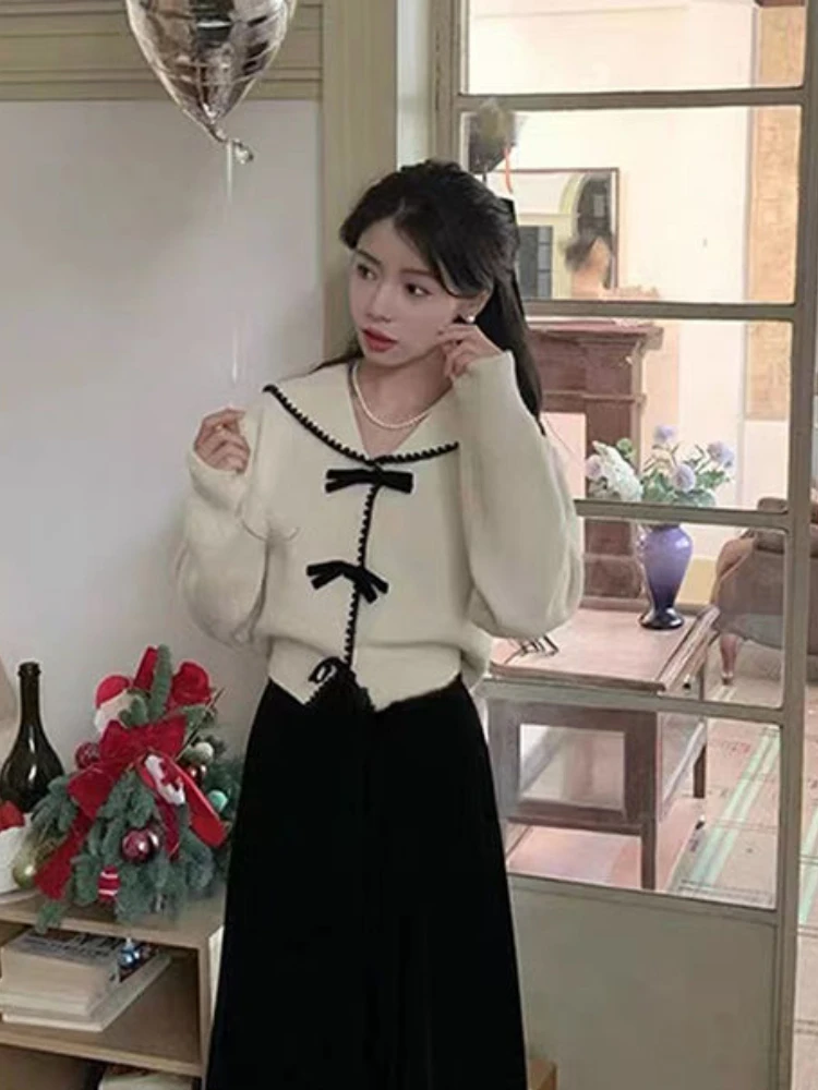 Fashion Sweet Cardigan Sailor Collar Long Sleeve Bow Contrast Color Preppy Style Sweaters Autumn Winter Loose Women\'s Clothing