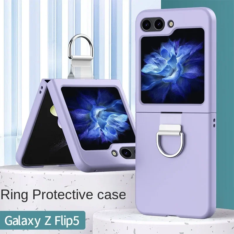 Phone Case with Ring Holder For Samsung Galaxy Z Flip 6 5 4 3 Flip6 Flip5 Flip4 Shockproof Hard Plastic Shell Solid Color Cover