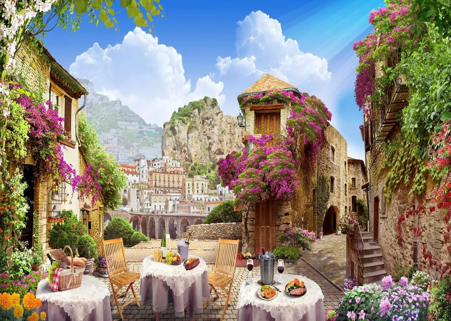 Europe Ancient Old City Italy Tuscany Spring Floral Street Cafe Restaurant Scenery photo background photography backdrop studio