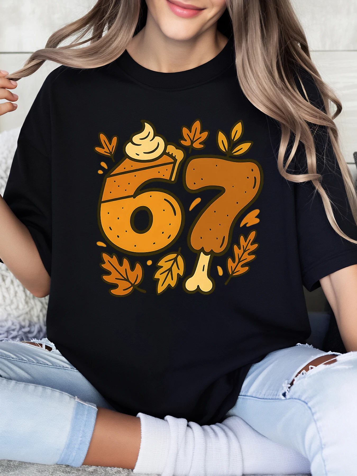 Pumpkin Pie and Turkey 67 Camiseta gráfica de Acción de Gracias Ropa casual para mujer Festival de otoño Negro Tallas grandes