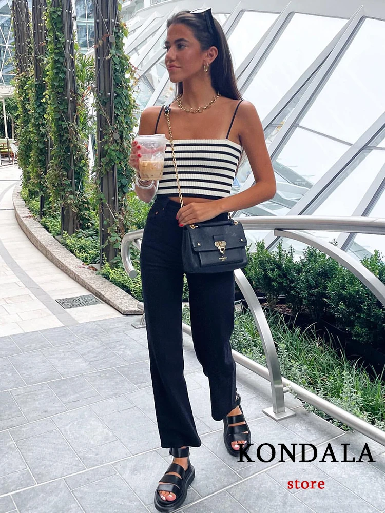 KONDALA Square Collar Striped Knitted Summer Crop Tpos Women Casual Basic T Shirts Off Shoulder Cami Sexy Backless Tank Tops