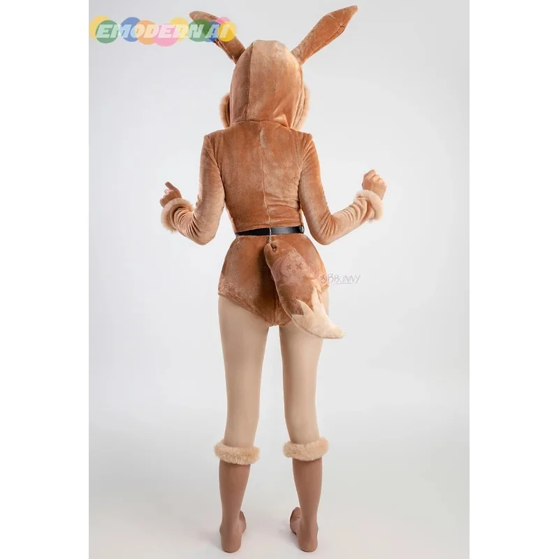 Anime Eevee Cosplay Costume Women Sexy Flannel Hooded Bodysuit Socks Suit Bunny Girl Cute Cartoon Plush Pajamas Jumpsuit Uniform