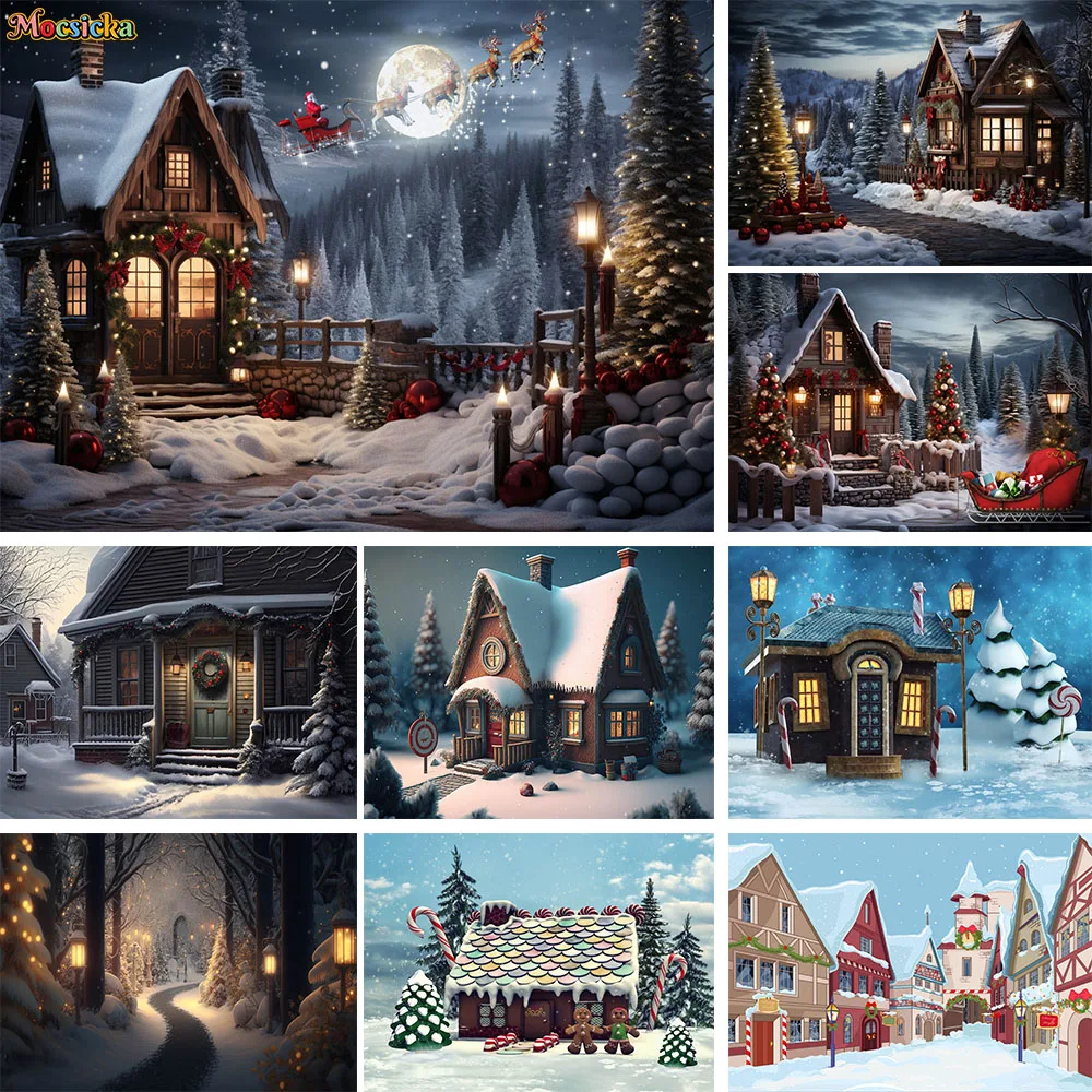 Winter Christmas Wooden House Decor Background Snow Wonderland Xmas Tree Photography Backdrop New Year Night Party Photobooth