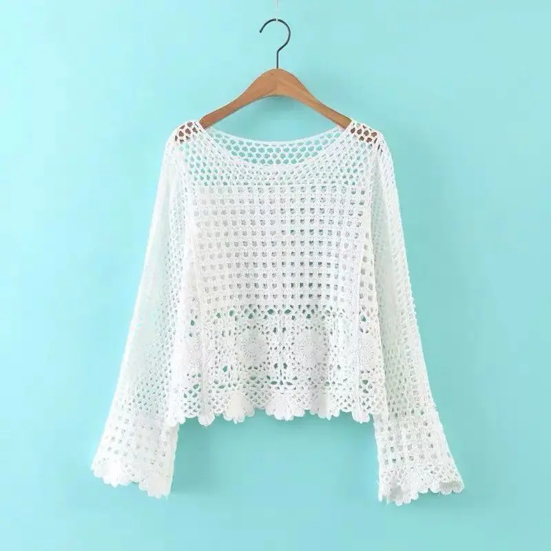 Long-sleeved crocheted hollow lace bottoming shirt women t shirt summer Korean long sleeve o neck thin top sunscreen t shirt