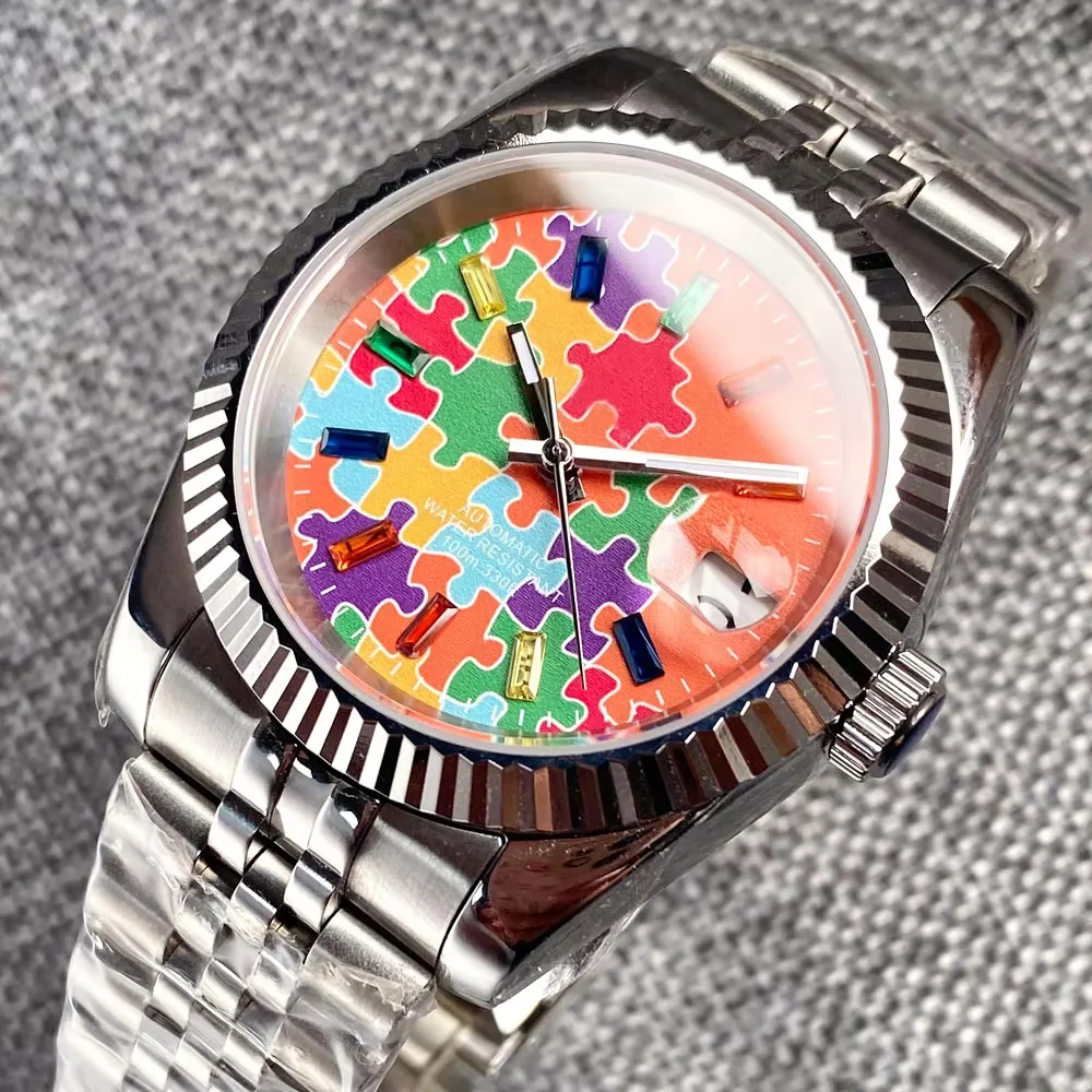 36mm 39mm Fluted Bezel Date Puzzle Steel Mechanical Watch Men Diamond Markers DJ 904L President Bracelet Hombre Clock
