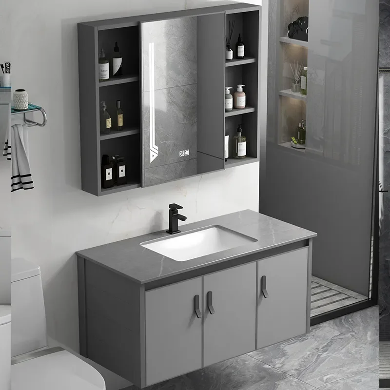 Wall Mounted Aluminum Bathroom Vanity with White Ceramic Sintered Stone Basin Modern Space Saving Washbasin Cabinet Combo