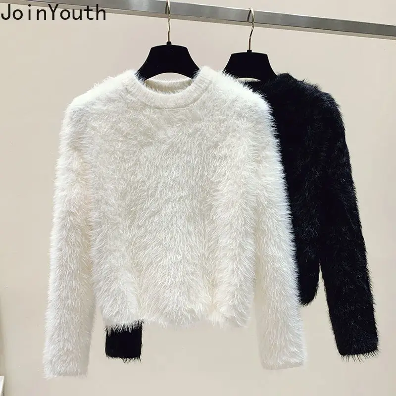 White Cropped Pullovers for Women 2023 Ropa Mujer Long Sleeve O-neck Knitting Sweater Tops Fashion Korean Furry Soft Pull Femme