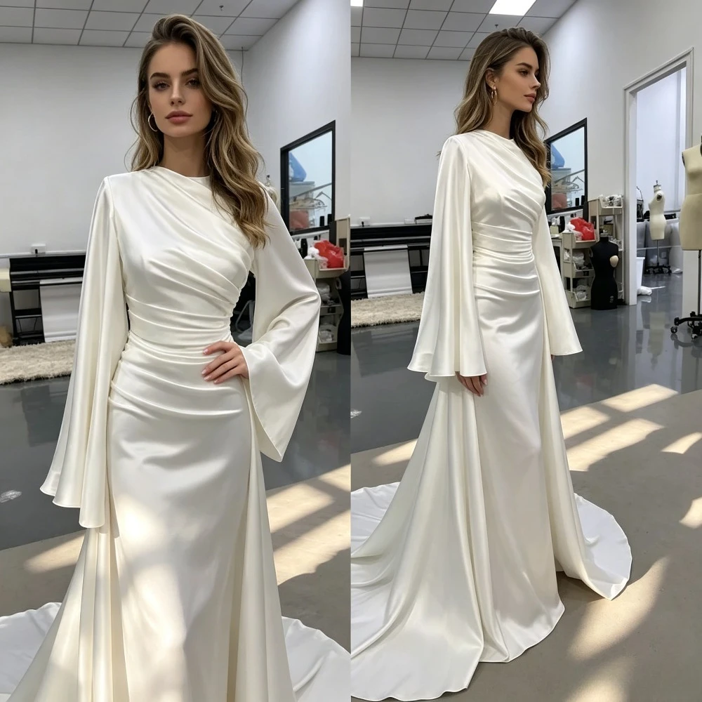 Customized 2026 Minimalist Ivory Satin Mermaid Wedding Dresses with White Trumpet Shaped Long Sleeved Pleated Design for Brides