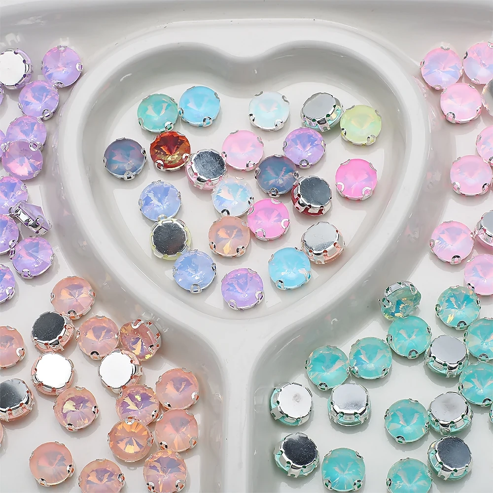 10 Stück 12 mm lose Glas-Strasssteine zum Aufnähen, silberne Krallenfassungen, Mokka-Opal-Klaue, flache Rückseite für DIY-Handwerk, Schmuckzubehör