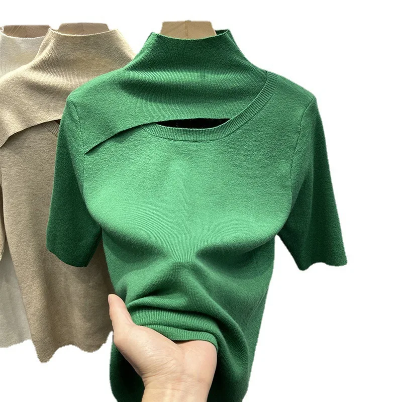 Hollow Out Patchwork Half High Collar Women\'s Solid Color Short Sleeve Knitted 2023 Summer New Chic Slim Sweater Undershirt Tops