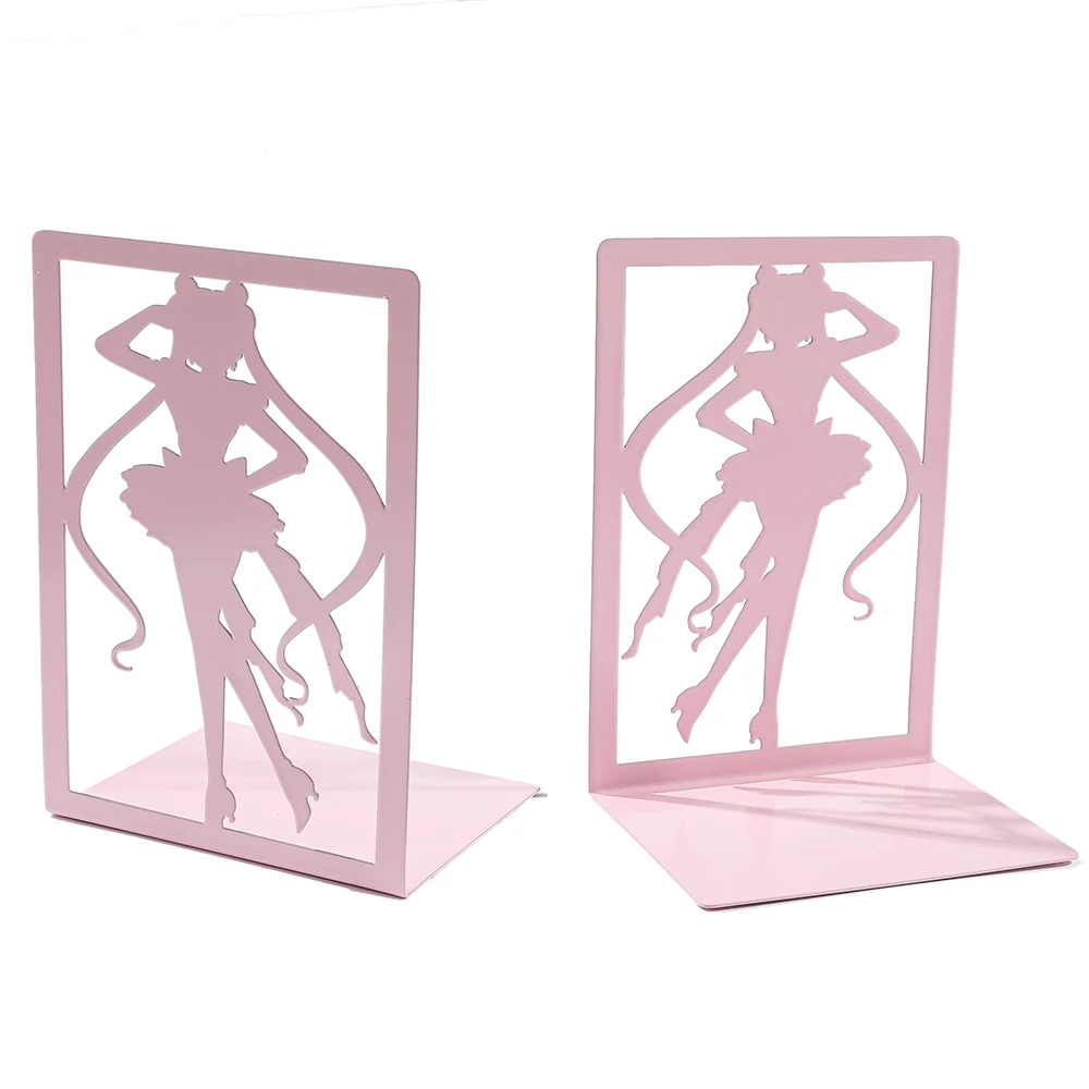 2Pcs Pink Girls Bookends Anime Fans Collectible Heavy Duty Bookcase Non-slip Iron Bookcase Desktop Desktop Organising Bookcase