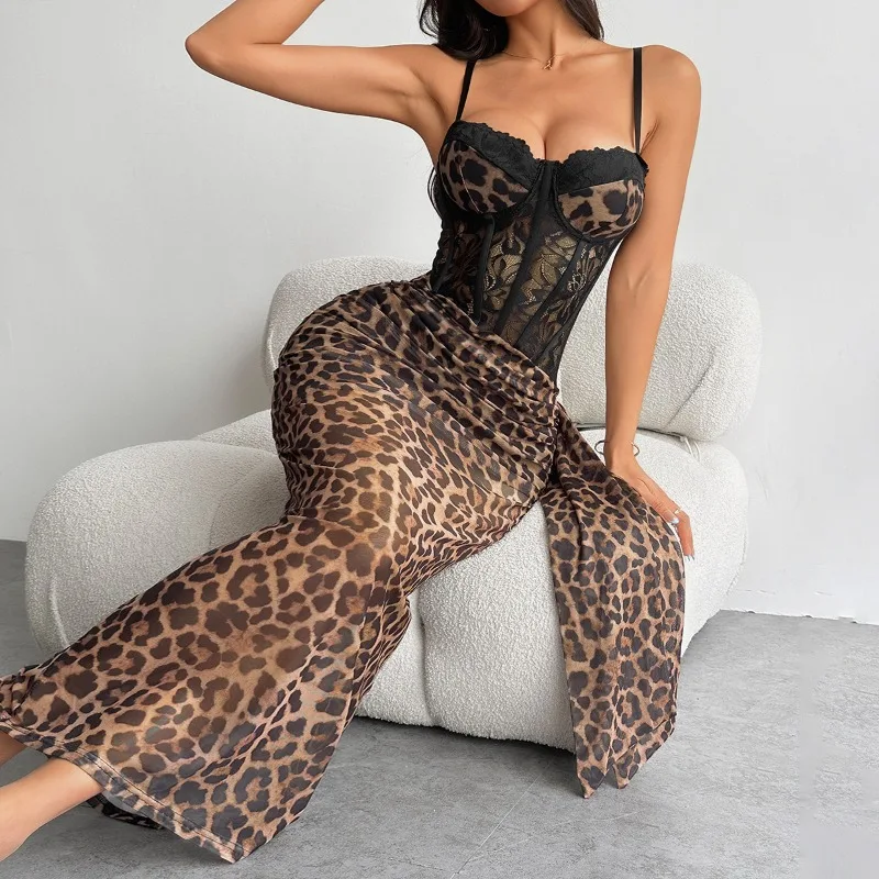 

Leopard Print Mesh Sexy Long Dress Women Summer Lace Sleeveless Sheer Vestidos French Elegant Patchwork Bodycon Ropa Mujer Y2k