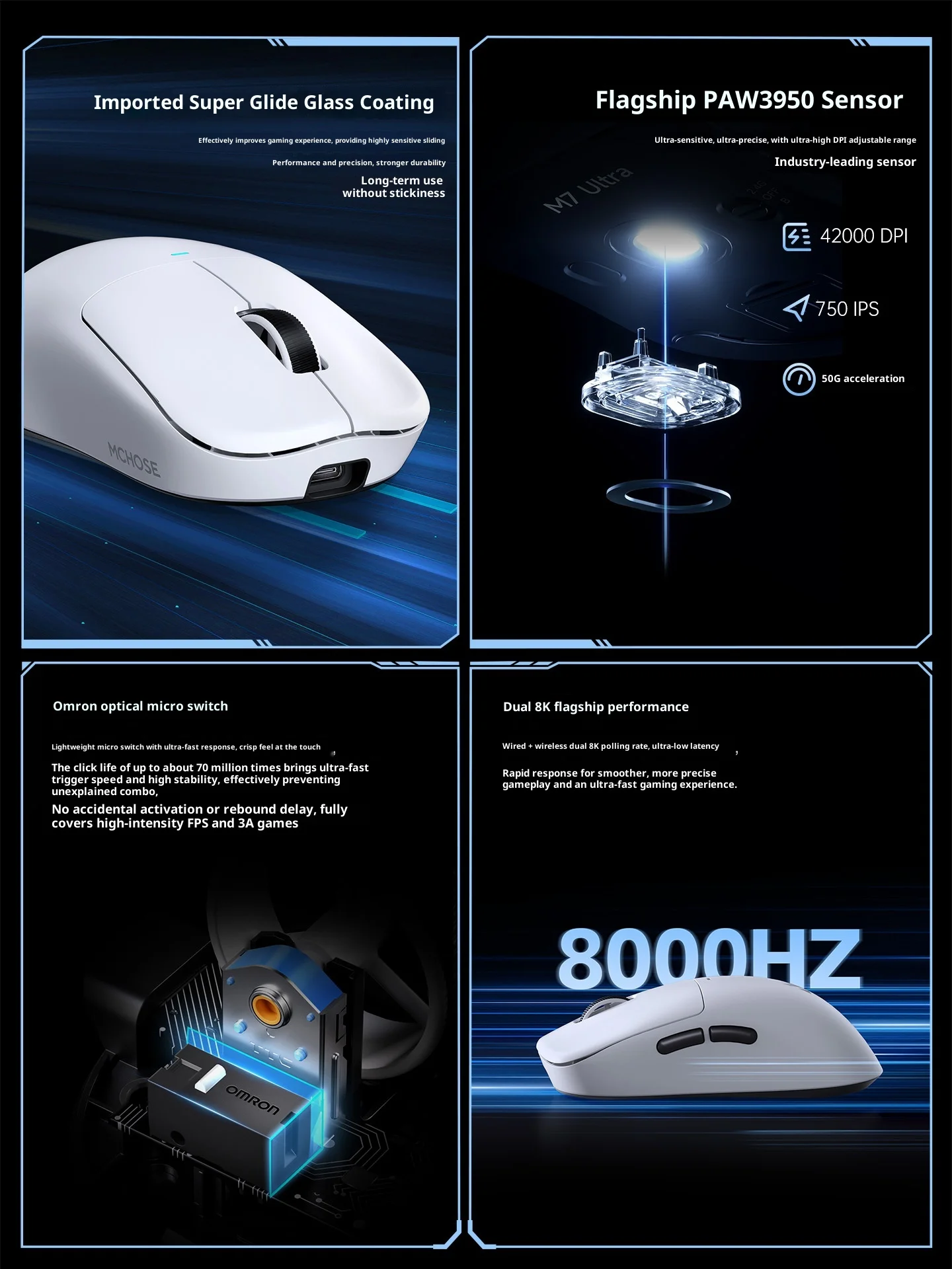 Игровая мышь MCHOSE M7, легкая беспроводная Bluetooth PAW3395 для киберспорта, компьютера, офиса, три режима, аксессуары для мыши Pro