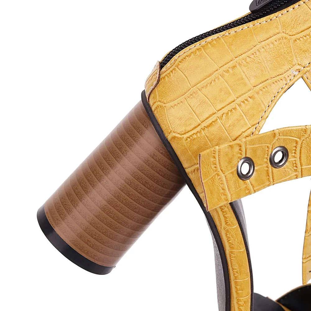 New Summer Sexy Yellow Black Women Sandals Fashion High Round Heel Office Lady Shoes Plus Small Big Size 32 43 45 48