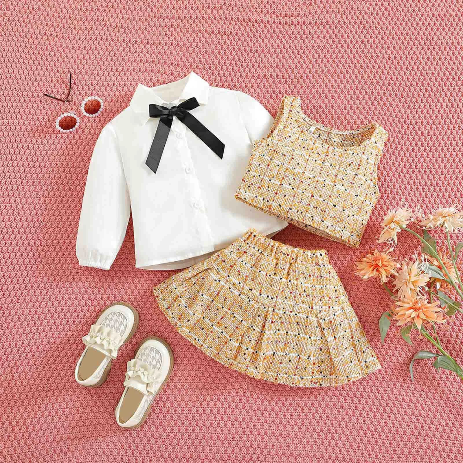 Fashionable Children's Clothing For Girls 2 to 6 Years Necktie Shirts+Waistcoat Jacket+Skirts Tweed Toddler Girls Outfit Sets