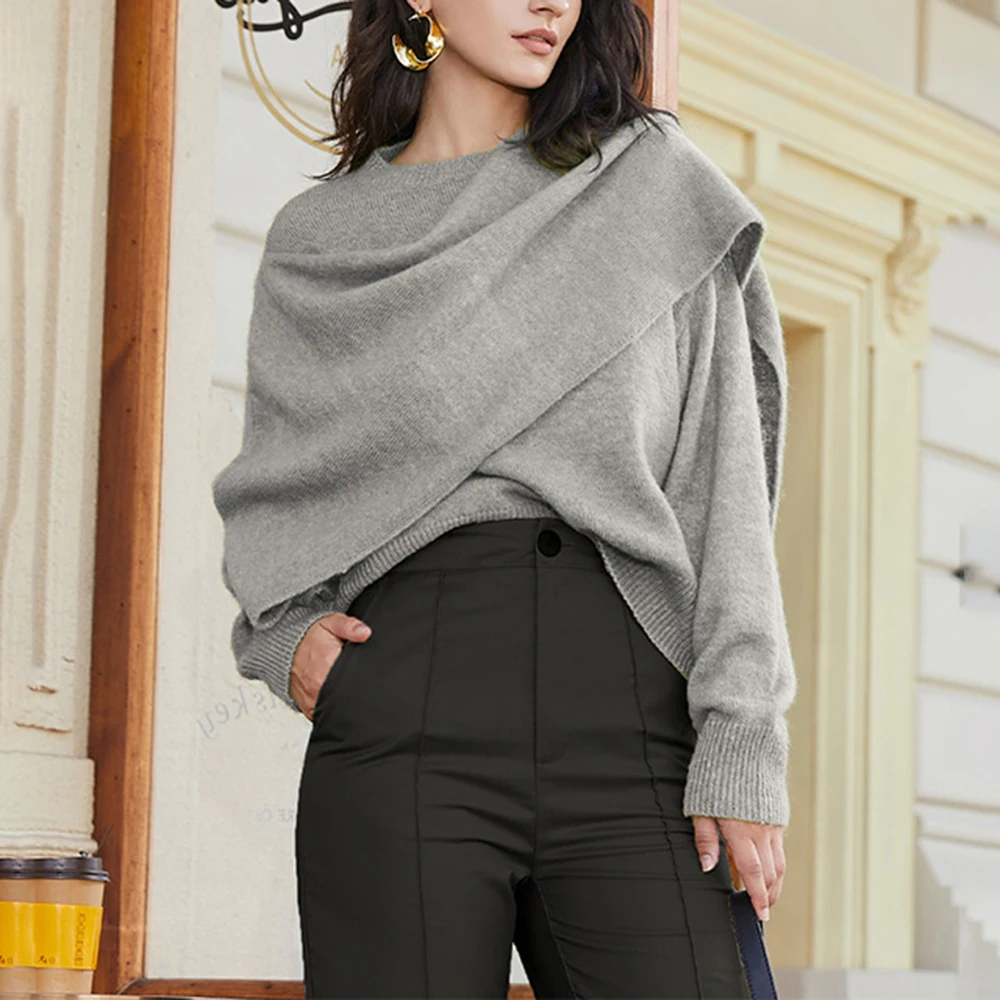 TWOTWINSTYLE Solid Minimalist Sweater For Women Round Neck Long Sleeve Patchwork Strappy Loose Elegant Pullovers Female Clothing