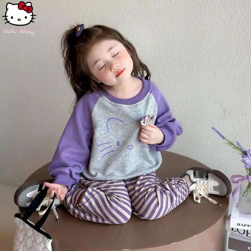

Anime Hello Kitty Sweatshirt Children's Sets Kawaii Sanrio Cartoon Girls Casual Tops Pants Suitable for Girl Sweet Clothes Gifts