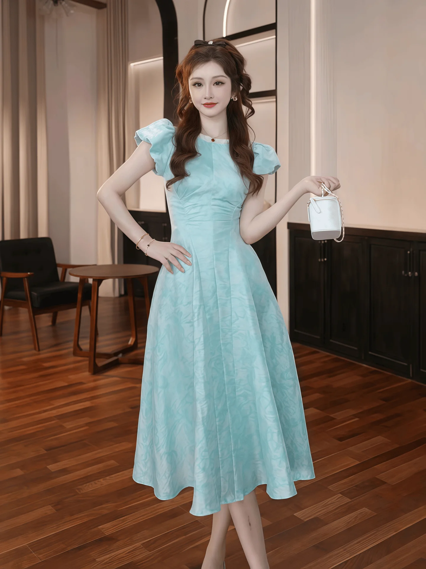 

Elegant A-Line Dress Women's Slimming Waist Design Short Sleeve Zipper Back Midi Length Gown Perfect for Daily Wear And Occas...