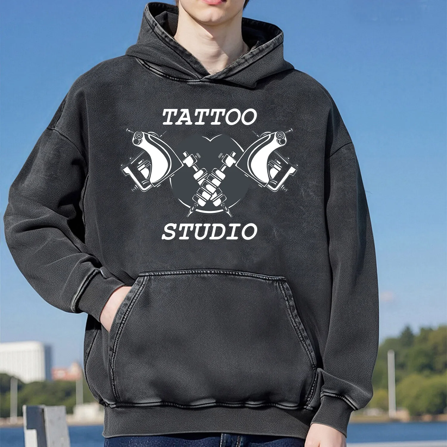 سويت شيرت بقلنسوة بنمط مغسول بتصميم كلاسيكي من Tattoo Studio للجنسين بنمط رياضي كاجوال مصنوع من القطن الخالص طراز الشارع 400 جرام #1