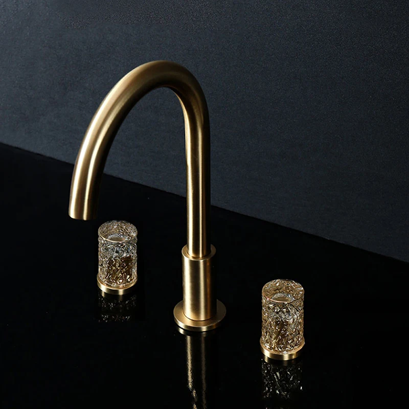 Brush Gold Basin Faucets Bathroom Sink Faucet Brass Crystal 3 Holes Double Handle Bathbasin Bathtub Taps Hot & Cold Water Mixer