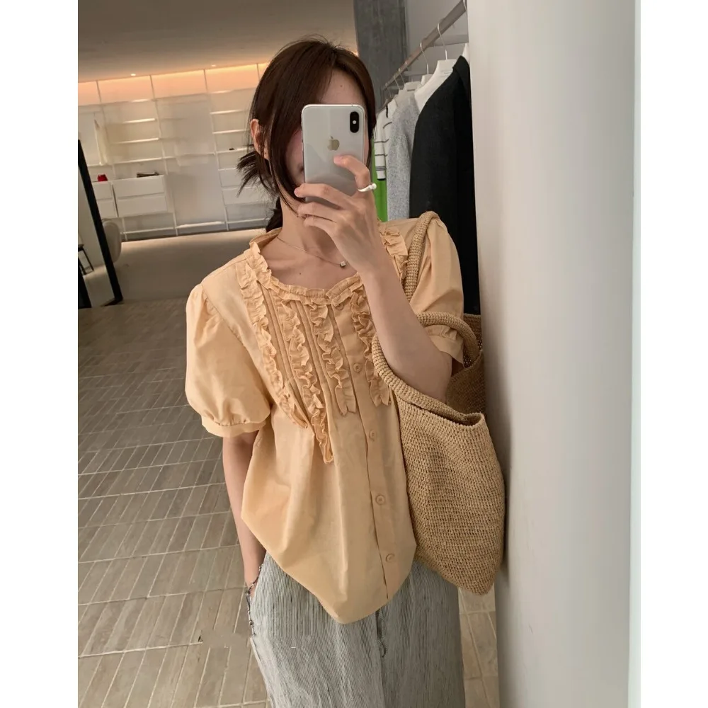 

Korean Style Women's Short Sleeve Shirt Summer Youthful Design Sense Top Korean Fashion Small Size Age Reduction Blouse