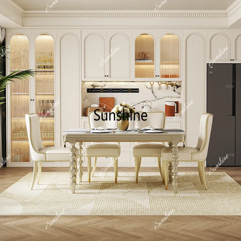 Solid wood rock slab dining table light luxury American home design, rectangular, combination