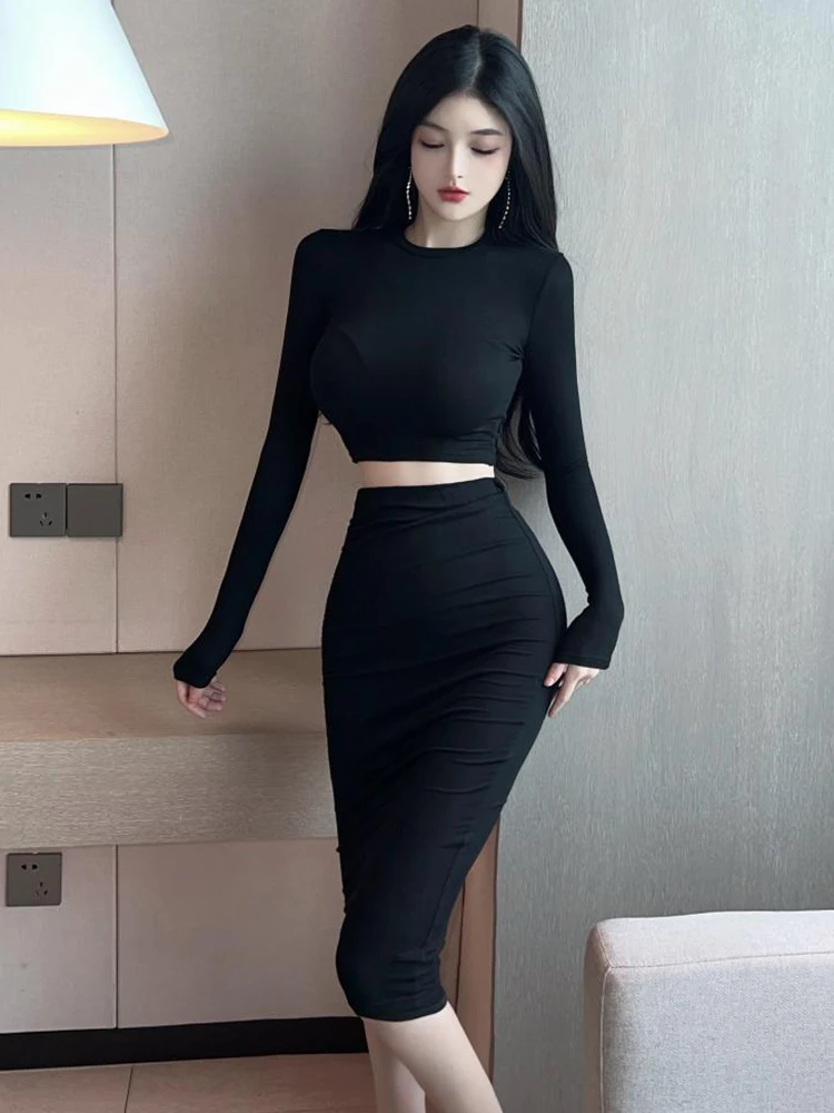 

New Women Casual Solid Simple Slim 2-Piece Outfits Sexy Long Sleeve Crop Tops Shirt And Midi Pencil Skirt Bodycon Set Hotsweet
