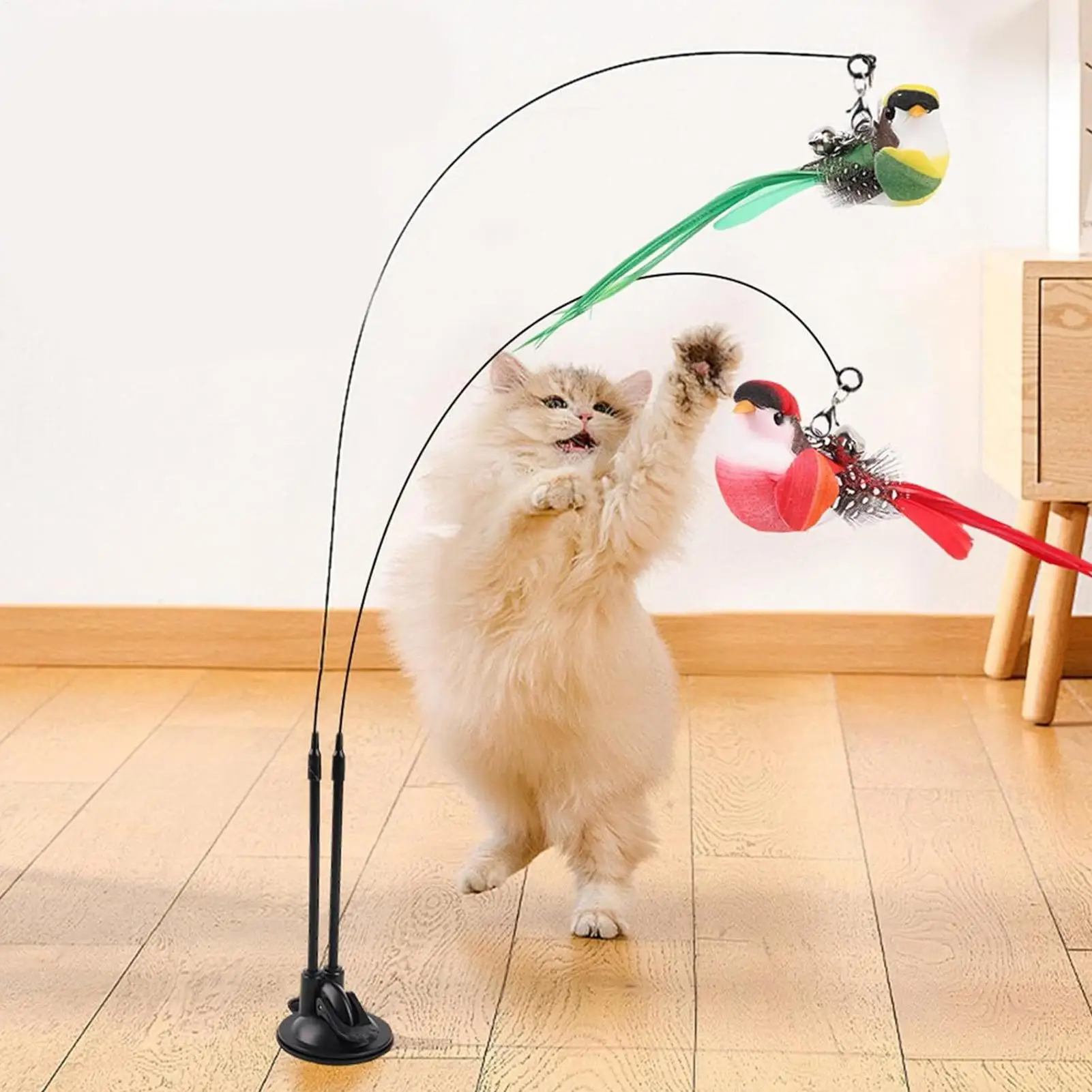 Simulierter Vogel-Katzenspielstab mit Glocke, Saugnapf, Doppelstange, Katzenangel, langer Stab, 2 Vögel, zum Necken der Katze, Katzenspielzeug