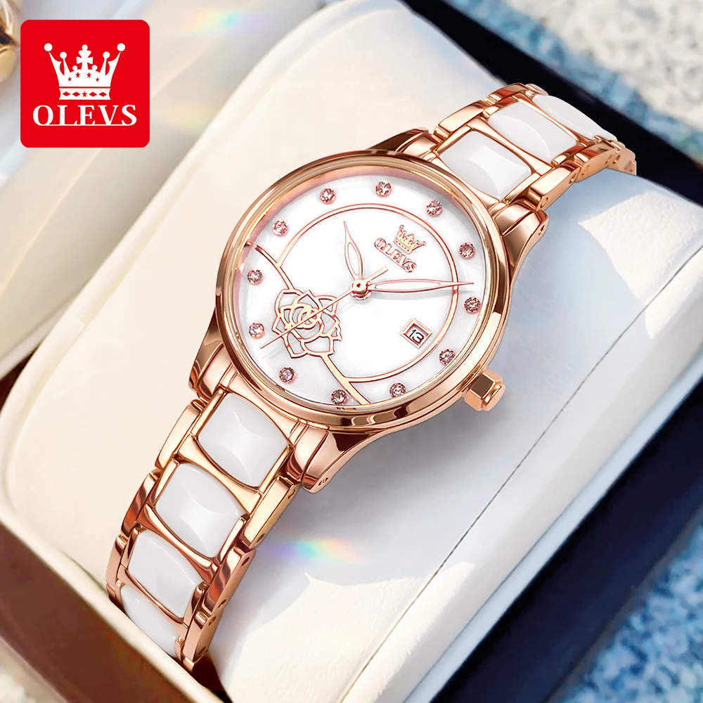 OLEVS 3606 Japan Quartz Movement Woman Watch Camellia Flower Design Ceramics Strap Diamond Scale Elegant Luxury Watch for Women