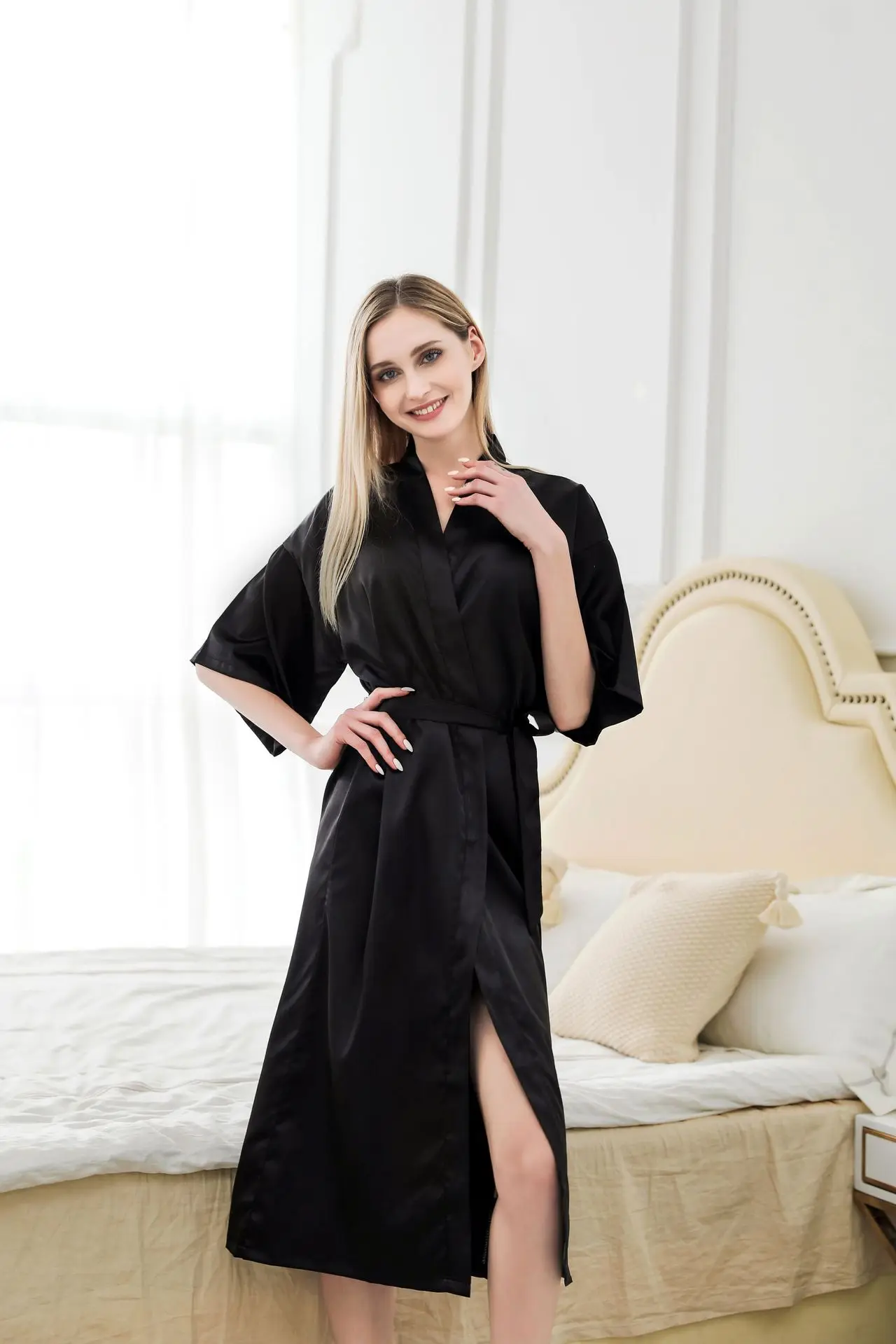 

Женский атласный халат с поясом, элегантный однотонный шелковистый комфортный халат, одежда для дома