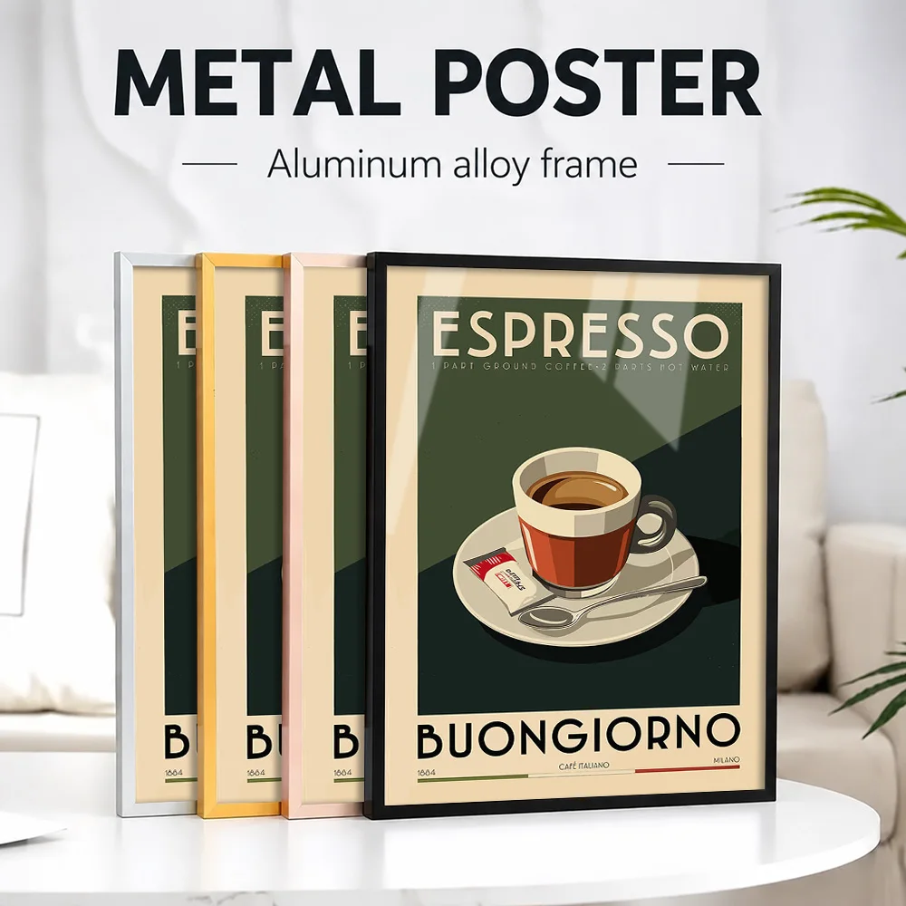 Espresso Buongiorno Framed Aluminum Metal Poster Customized Photo Playful Beverage Style Wall Art For Breakfast Nook Host Gift