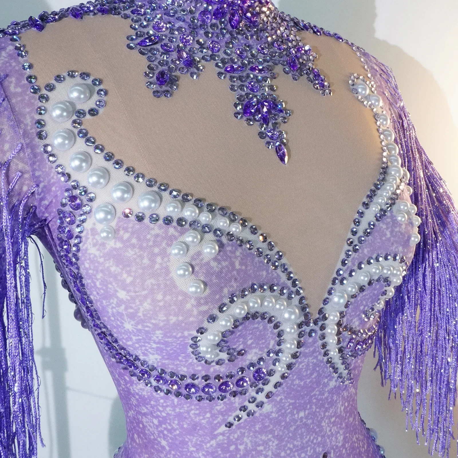 women's night club suit rhinestone fringe Long sleeves bodysuit mesh jumpsuit  Prom Pole Jazz dance Queen drag Halloween outfit