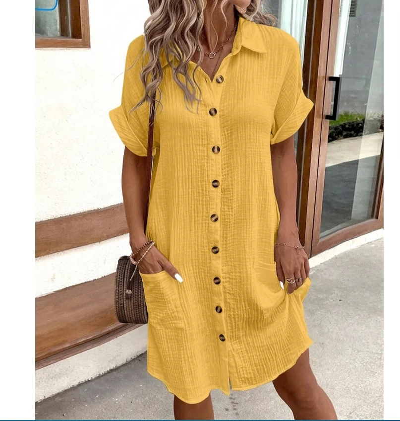 Kraag enkele rij comfortabele onregelmatige zoom casual katoen en linnen lange casual overhemdjurk lange rok met knoopsluiting en korte mouwen