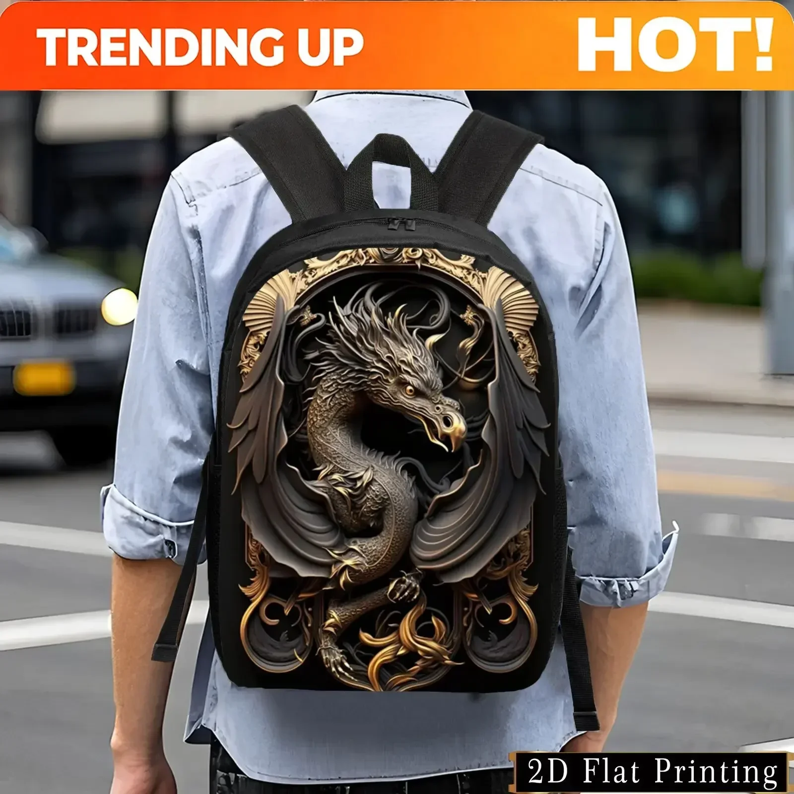 Custom Custom Dragon Print Backpack - Stylish Black And Golden Design With Adjustable Straps, Large Capacity, And Side Pockets