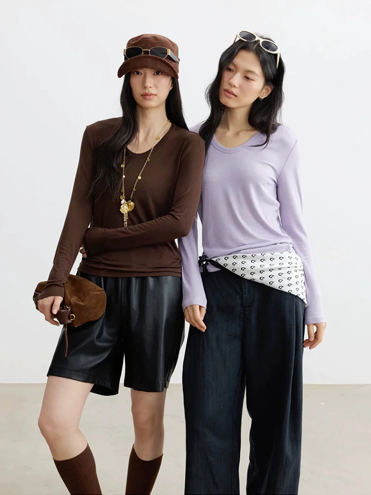 Acetate Wool Blend U-neck Long Sleeve Tops Autumn Winter Soft Slim‑Fit Minimalist Casual Layering Top