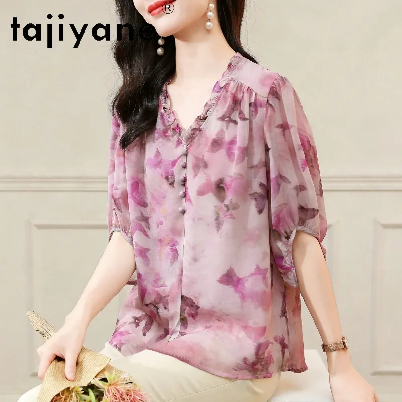TAJIYANE 100% Mulberry Silk Tops Women's Blouses and Shirts High-end Floral Shirt V-Neck Tops of Woman Clothes Pink Purple 블라우스