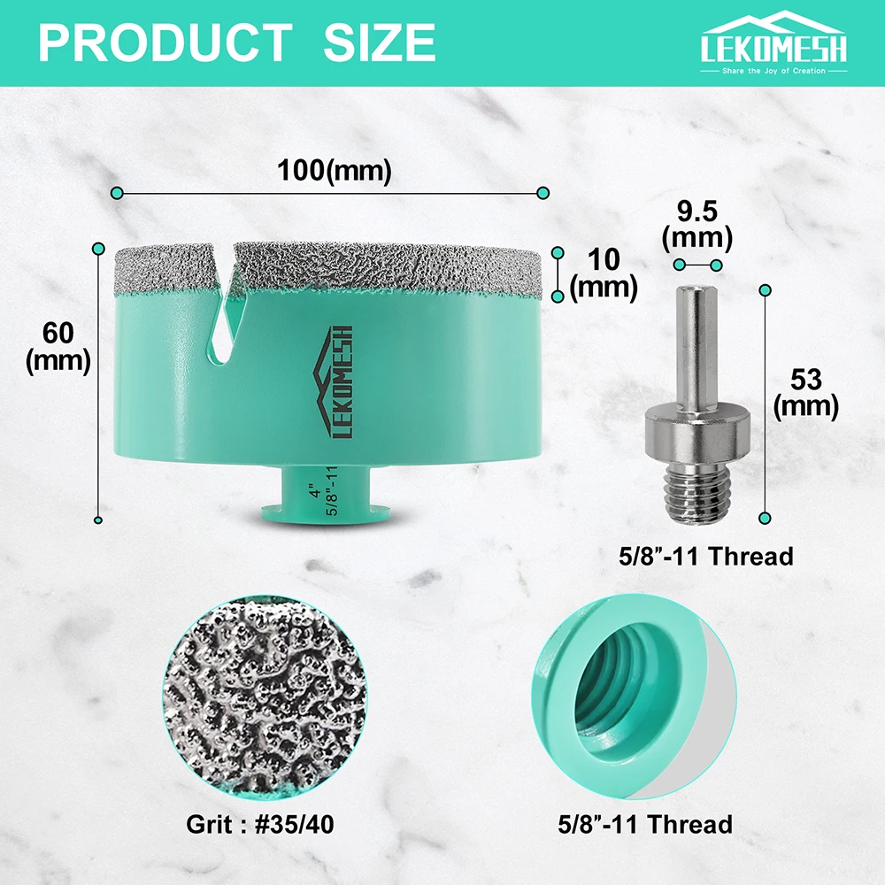 LEKOMESH Dia 100mm Diamond Dry Drilling Drill Core Bits  5/8-11 Thread Porcelain Tile Granite Masonry Quartz Hole Saw