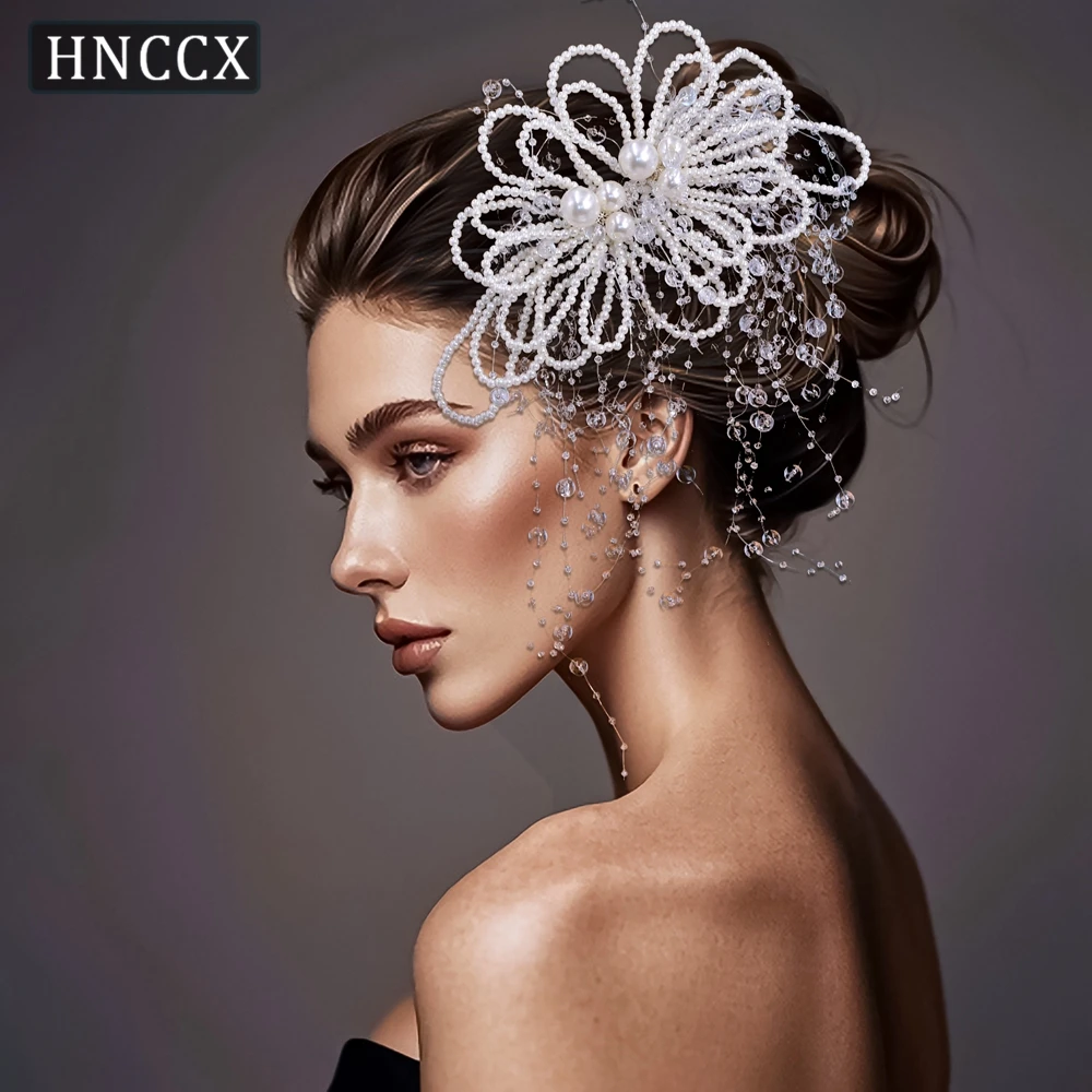 HNCCX Transparent Bead Tassel Wedding Hair Comb White Color Beaded Bride Headband Handmade Pearl Hair Hairpin Girl Gift CP717