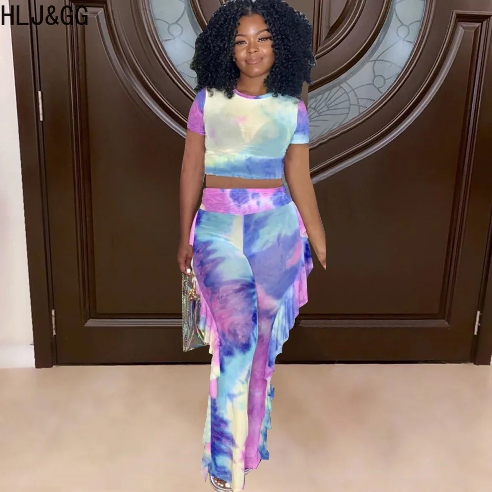 HLJ&GG Fashion Tie Dye Print Mesh Perspective Two Piece Sets Women Round Neck Short Sleeve Crop Top And Ruffle Pants Outfit 2024