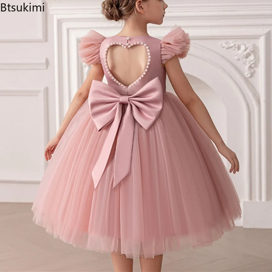Mesh Flying Sleeve Princess Dress Children's Clothing Merry Christmas Party Gowns with Pearl Wedding Flower Girls Vestidos 4-8Y