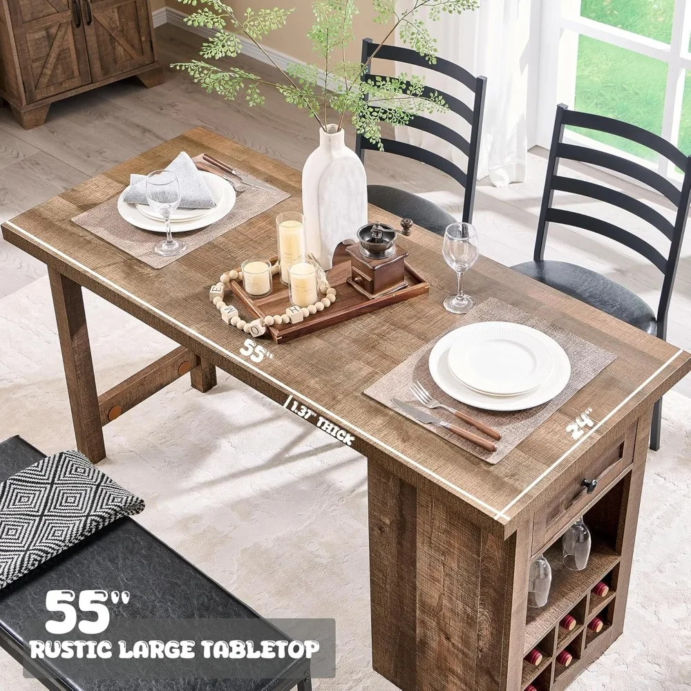 

Dining Table Set for 4, 55" Large Kitchen Table Set with 2 Chairs and Bench, Rustic Wood Dining Bar Table