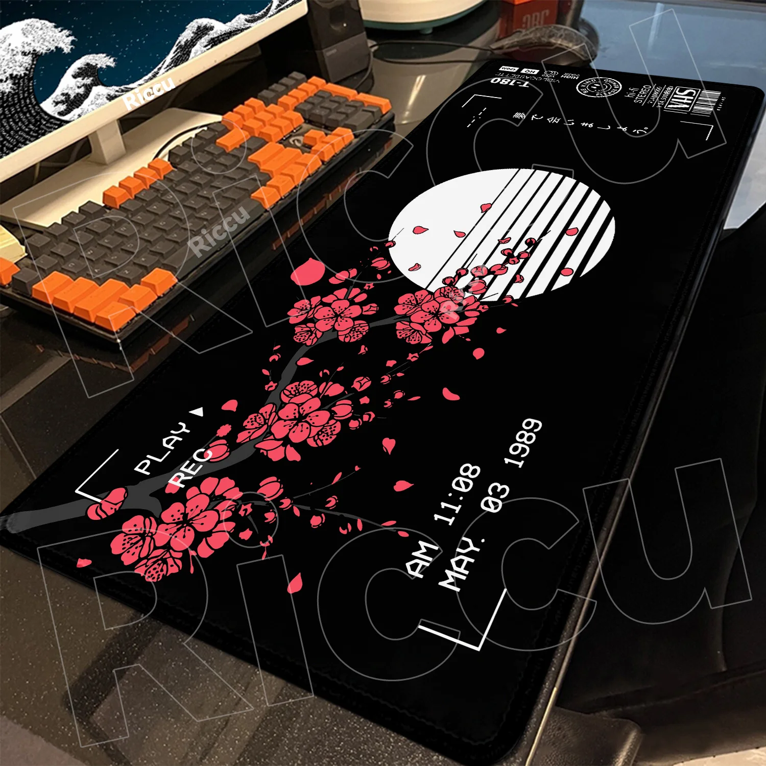 

Art VHS Sakura Style Mouse Pad Xxl Computer Large Japanese Cherry Blossom Non-slip Gamer Keyboard Pads 100x50cm Black Desk Mat