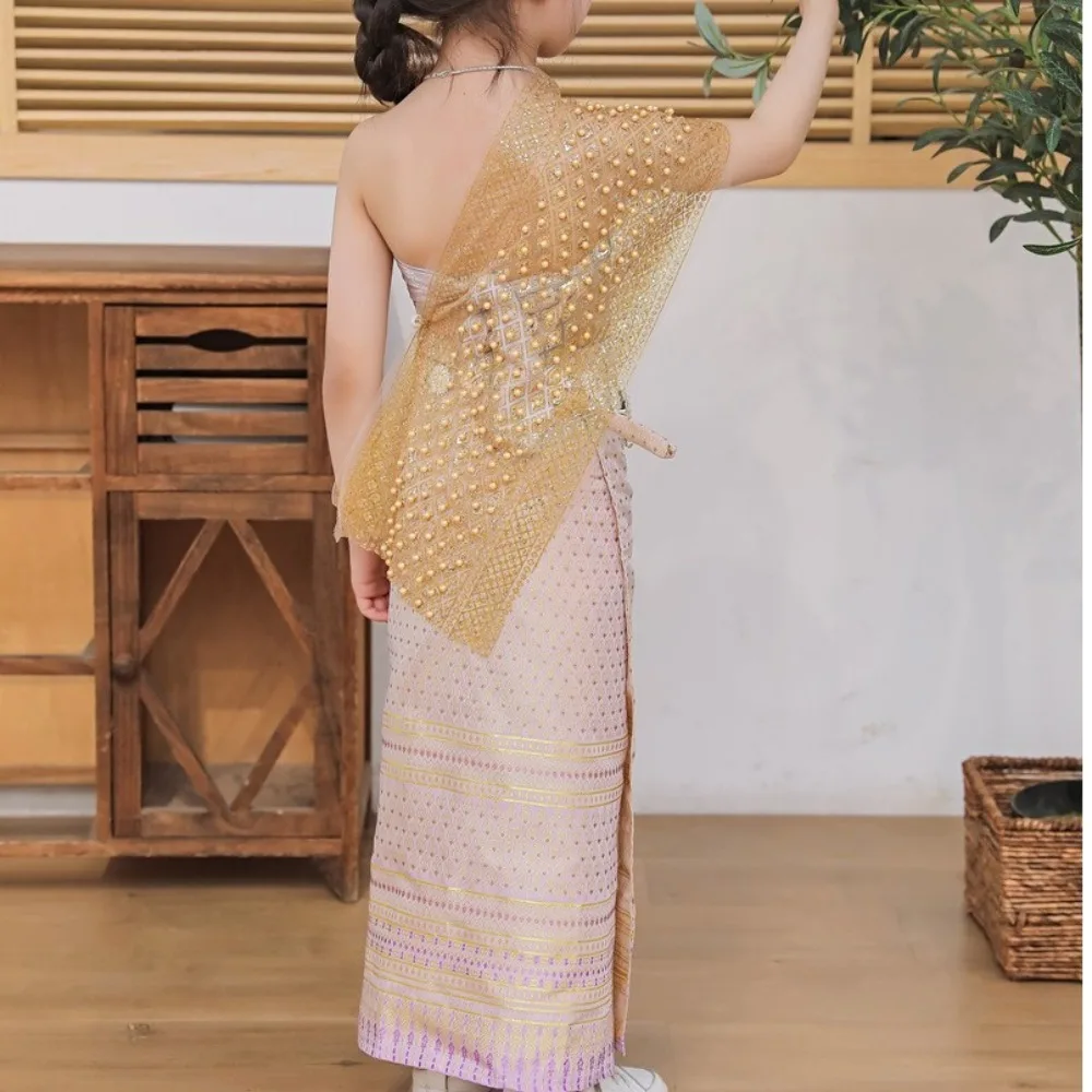 Thailand Style Dai Festival Costume Ethnic Gilded Yarn Thai Traditional Costume Necklace Long Skirt Thailand Suit Top Skirt